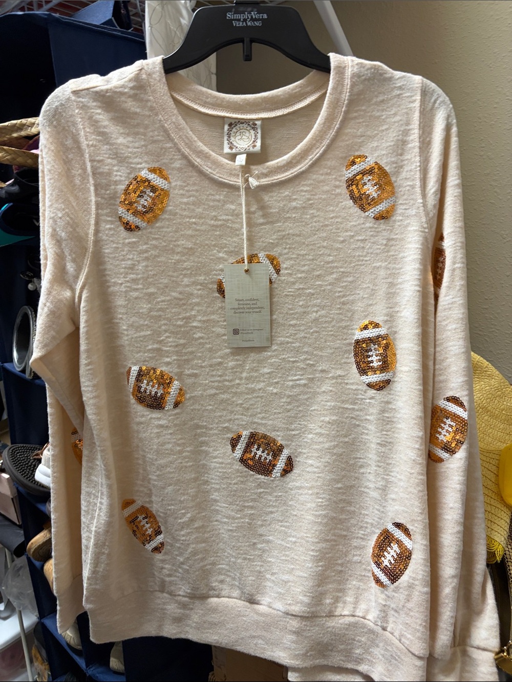 Russell Athletic Beige Crewneck Sweater with Gold Sequin Footballs